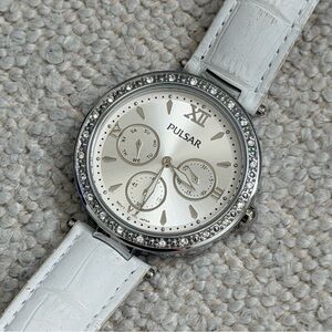 Pulsar Silver Watch with Crystal Accents and White Strap